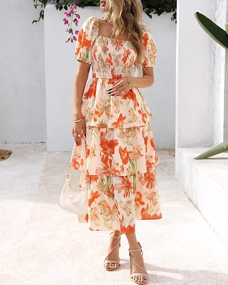 BTFBM Womens Square Neck Smocked Dress Summer Puff Short Sleeve Floral Casual Ruffle Tiered Maxi Wedding Guest Dresses