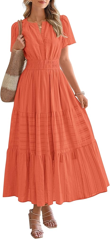 BTFBM Womens Summer 2025 Casual Midi Maxi Dresses Lightweight Short Sleeve V Neck Elastic Waist Boho Beach Dress Pockets