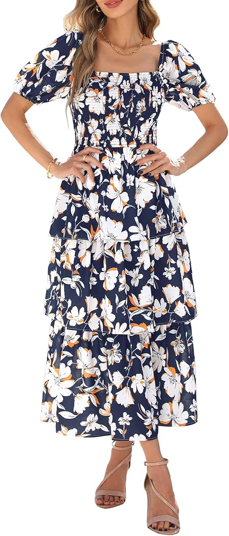 BTFBM Womens Square Neck Smocked Dress Summer Puff Short Sleeve Floral Casual Ruffle Tiered Maxi Wedding Guest Dresses