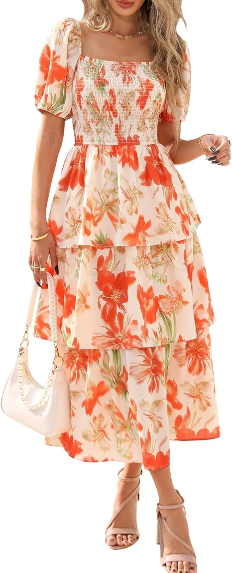 BTFBM Womens Square Neck Smocked Dress Summer Puff Short Sleeve Floral Casual Ruffle Tiered Maxi Wedding Guest Dresses