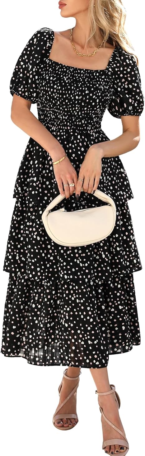 BTFBM Womens Square Neck Smocked Dress Summer Puff Short Sleeve Floral Casual Ruffle Tiered Maxi Wedding Guest Dresses